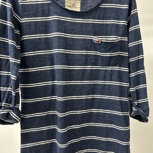 Hollister Women’s Blue and White Striped Long Sleeve Tee
